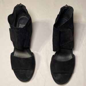 Eileen Fisher Women’s Black Suede Wedge Open Toe Sandals Size 8.5 EUC